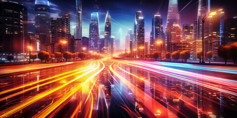 Futuristic urban nightscape with vibrant light trails from traffic in a modern city with skyscrapers and a dynamic sky