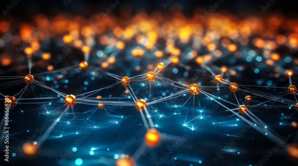 Poster abstract network connections with nodes and lines in a digital cyber technology grid with blue and o