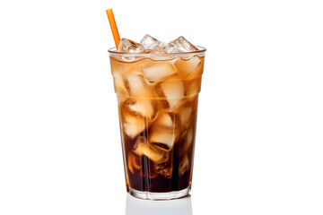 Glass with iced coffee and drinking straw on white background
