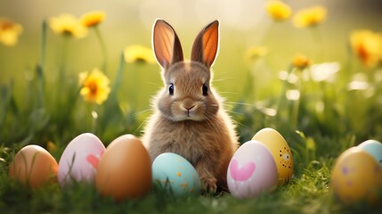 Fototapeta na wymiar Super cute Easter bunny sitting on the green grass with colored eggs. Happy Easter greeting card concept. AI generated image