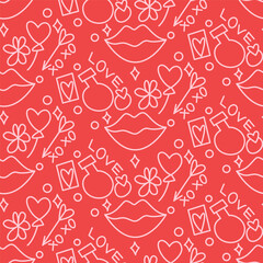 Pattern Valentine with Red Lips, Arrows of Cupid and Heats. Valentines Day Background. Vector Flat Illustration.