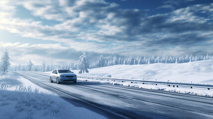 car on winter  road with snow..Snowflakes and forest of frost.Cold december day. concept of bad driving conditions