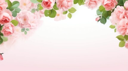 Blooming Elegance: Adorn your designs with our exquisite banner featuring a frame crafted from vibrant rose flowers and lush green leaves on a soft pink background.