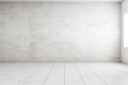 White brick wall and white wooden floor with copy space for add text