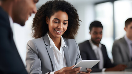 Fototapeta premium Young smiling woman working on a tablet in the office surrounded by her colleagues