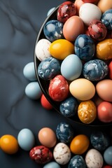 Easter composition. Multi-colored Easter eggs in a bowl. Happy Easter