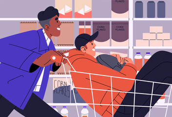 Happy guy pushes shopping cart with fellow inside. Friends riding on trolley in grocery store. People spend time together, fooling, rejoice. Friendship moments, fun leisure. Flat vector illustration - obrazy, fototapety, plakaty