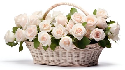 Our exquisite basket of roses, isolated against a pure white background, captures the essence of romance and natural beauty. Perfect for weddings, anniversaries, or any special occasion.