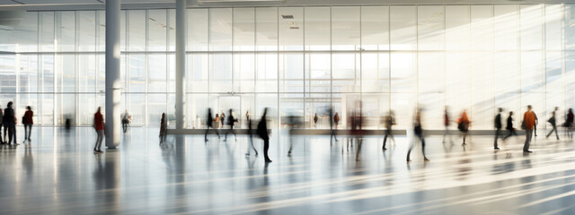 Busy indoor scene with blurred figures of people in motion
