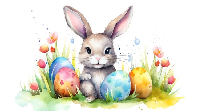 Super cute Easter bunny sitting on the green grass with colored eggs. Happy Easter greeting card concept. AI generated image