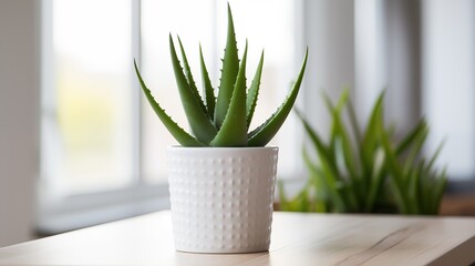 Close up beautiful potted aloe vera plant on a table near the windowsill indoors in white pot