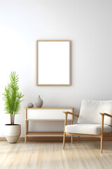Mock up frame in home interior background, white room with natural wooden furniture 3d render. generative ai.