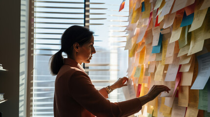 Woman in an office setting, closely examining a wall filled with various colorful post-it notes and papers, indicating a brainstorming session or project planning phase.