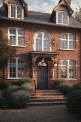 Fototapeta na wymiar Facade of brick house in classic architectural style with the porch