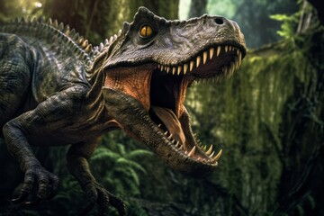 Obraz premium close up portrait of a dinosaur is roaring In the deep forest.