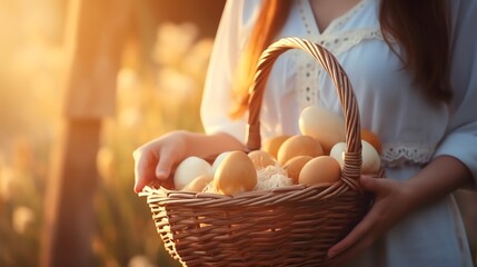 Woman farmer holding a wooden basket with organic eggs. AI generated image - obrazy, fototapety, plakaty
