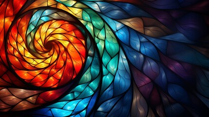 Stained glass window background with colorful whirlpool abstract.
