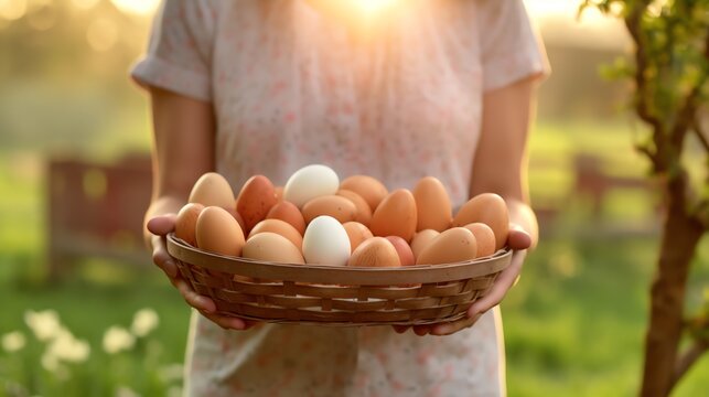 Woman farmer holding a wooden basket with organic eggs. AI generated image