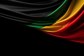 Abstract single Afican silky flag black, red, yellow, green on left side , Black background concept with copy space for text - obrazy, fototapety, plakaty