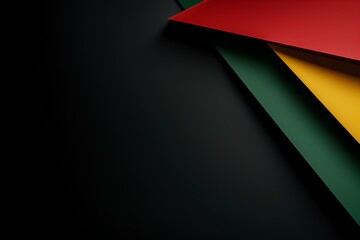 Abstract single geometric black, red, yellow, green color paper on left side , Black background concept with copy space for text