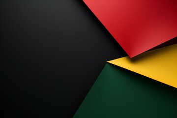 Abstract single geometric black, red, yellow, green color paper on left side , Black background concept with copy space for text - obrazy, fototapety, plakaty