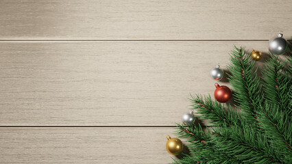 Fototapeta na wymiar 3D Rendering of light color wood floor with Christmas decorated items. Pine leaves and ornament balls. For holiday celebration, web banner, advertising. Top down view