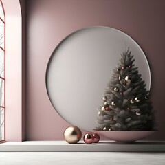 New Year and Christmas background in a minimalist style with a Christmas tree and balls: aesthetics, postcard, screensaver, congratulations, wall, room, interior (Ai generation)