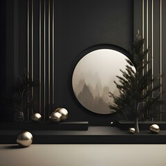 New Year and Christmas background in a minimalist style with a Christmas tree and balls: aesthetics, postcard, screensaver, congratulations, wall, room, interior (Ai generation)