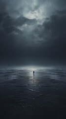 Solitary figure wanders an immense beach under brooding, stormy skies