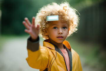 A child with futuristic headset gadget. Innovation technology