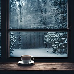 A cup with a hot drink (coffee, tea, cocoa) on the background of a snow-covered window, snow and winter in the background, cozy morning atmosphere, December, January, New Year, Christmas. Ai
