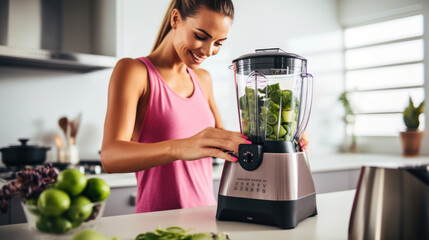 Smiling woman in a kitchen holding a glass of smoothie, with a blender with fresh vegetables - obrazy, fototapety, plakaty