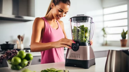 Foto op Plexiglas Smiling woman in a kitchen holding a glass of smoothie, with a blender with fresh vegetables © HelenP