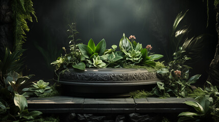 Natural product podium made with marble, stone, leaves and frame on forest green background. Concept scene stage for promotion, sale, presentation