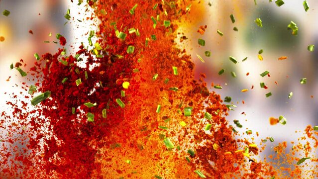 Spice explodes closeup in super slow motion 1000fps