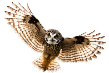 a high quality stock photograph of a single flying spread winged owl isolated on a white background