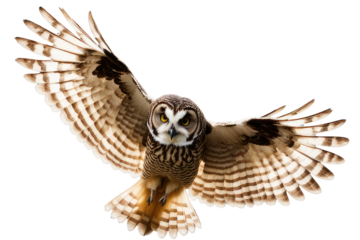 a high quality stock photograph of a single flying spread winged owl isolated on a white background