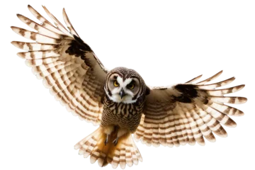 Tuinposter a high quality stock photograph of a single flying spread winged owl isolated on a white background © ramses