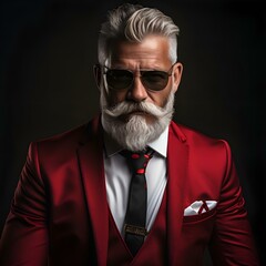 Modern Santa Claus in a red suit and glasses wishes Happy New Year and Christmas: fictional character, stylish, fashion, screensaver, background, unique (Ai generation)