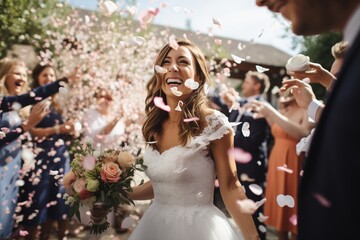 Beautiful happy bride with wedding bouquet and red rose petals - obrazy, fototapety, plakaty