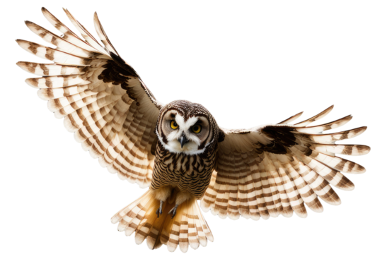 a high quality stock photograph of a single flying spread winged owl isolated on a white background