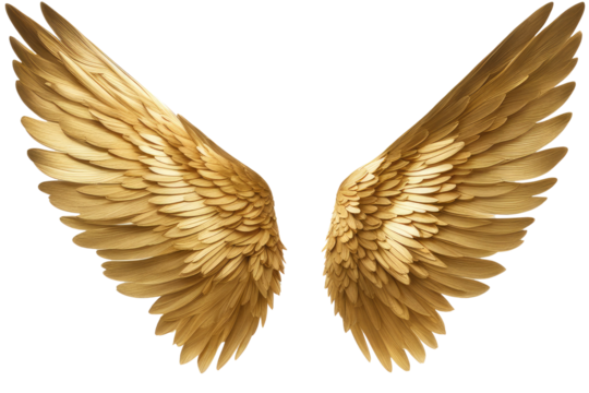 a high quality stock photograph of a single golden angel wings seperated from each other isolated on a white background