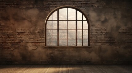 A single, weathered wood window embedded in a textured brick wall tells tales of bygone eras.