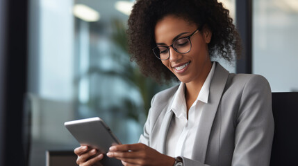 Young smiling woman working on a tablet in the office