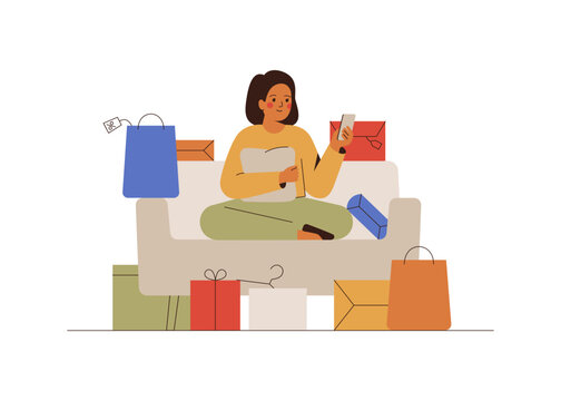 Woman shopaholic buying online goods from home. Young female surrounded by purchases. Over Consumerism and addiction from ecommerce products. Vector illustration