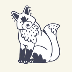 Funny woodland animal, happy wild fox sits. Sly forest character smiles. Outline kind fluffy foxy pup. Cute cunning wood predator childish sketch. Flat handwriting isolated vector illustration