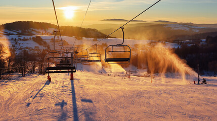 Ski lift empty ropeway on hilghland alpine mountain winter resort on bright sunny evening . Ski...