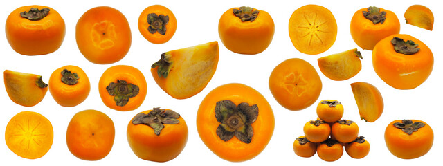 A set of Japanese Persimmon (kaki fruit) isolated on white background