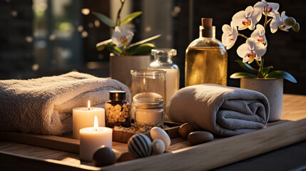 beauty treatment and spa salon accessories on a spa table in a luxury spa resort. AI Generated.