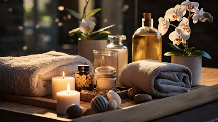 Foto op Plexiglas Schoonheidssalon beauty treatment and spa salon accessories on a spa table in a luxury spa resort. AI Generated.